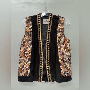 Etro Milano black suede vest with leather and metallic chevron patchwork size 42